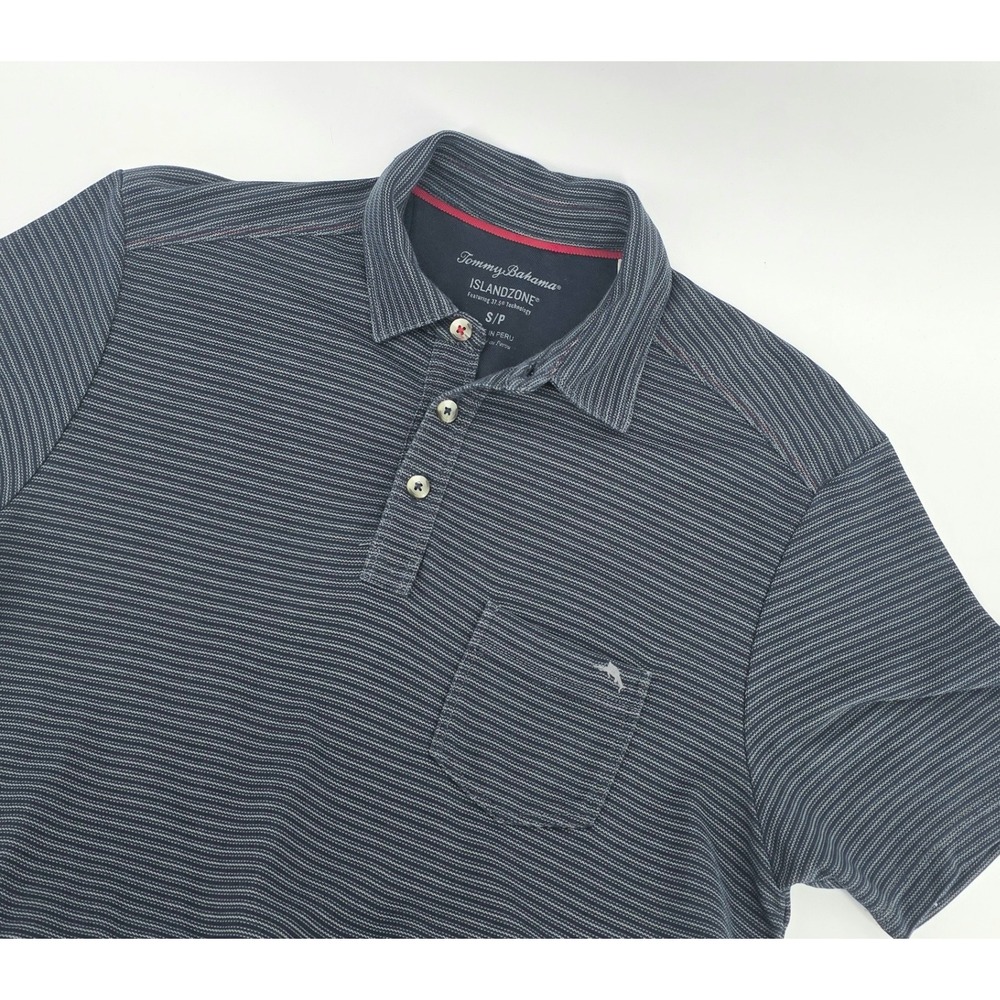 Tommy Bahama IslandZone Coastal Polo Shirt Size S Mens Gray Stripe Pima Cotton